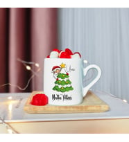 Mutlu Yıllar & Merry Christmas & Yılbaşı & Noel Baba Tasarımlı Ahşap Tabaklı Kişiye Özel Türk Kahvesi Fincanı