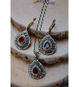 STONEAGE Kök Yakut ve Zirkon Taşlı Kolye Küpe Kadın Set (Altın / Dore)