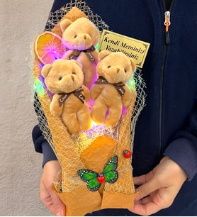 Renkli Led Işıklı Kişiye Özel Kahverengi Ayıcıklı Büyük Boy Peluş Ayıcık Buketi (Model 5)