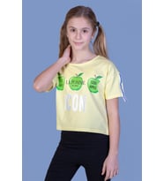 Toontoy Kız Çocuk Crop Model Elma Baskılı Tişört (Sarı)