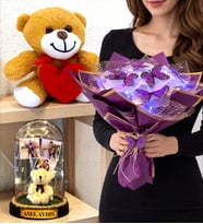 Kişiye Özel Premium Set Renkli Led Işıklı Kelebek Buketi Peluş Ayıcık ve Led Işıklı Fanus (Model 1)