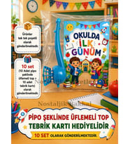 Okula Yeni Başlayan Öğrencilere Özel 10 Adet Hediye Seti 1. Sınıf- Sene Başı Pipo Şeklide Üflemeli Top Tebrik Kartı Hediyeli