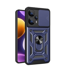 Xiaomi Poco F5 Kılıf Yüzüklü Standli Sürgülü Kamera Korumalı Tank Sert Silikon Kapak (Mavi)
