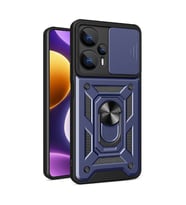 Xiaomi Poco F5 Kılıf Yüzüklü Standli Sürgülü Kamera Korumalı Tank Sert Silikon Kapak (Mavi)