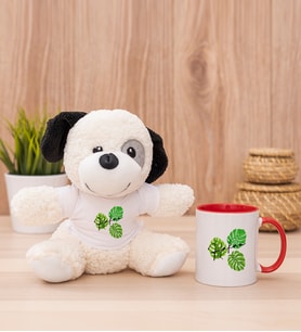 Kişiye Özel Erkeğe Hediye Yaprak Tasarım İsimli Peluş Köpek ve Kırmızı Kupa