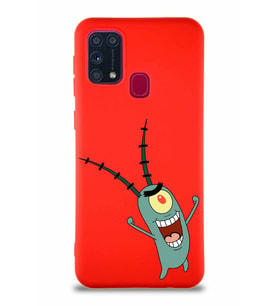 Samsung Galaxy M31 Soft Premier Kapak Plankton Tasarımlı Silikon Kılıf - Kırmızı (Şeffaf)