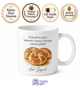Açma Poğaça Temalı Baskılı Kupa Bardak Kahvaltı Hediye Porselen Mug