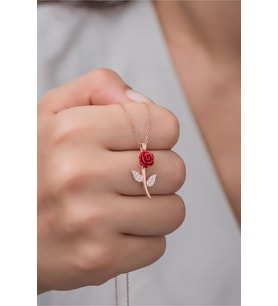925 Ayar Gümüş Rose Zirkon Taşlı Gül Kolye