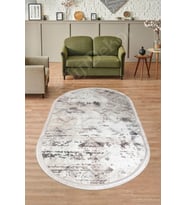 Dijidekor Halı Bej Cool K1280 Yıkanabilir Saçaklı Oval Kesme İnce Yolluk Kilim Salon Halısı Modeli (Bej-Grı)