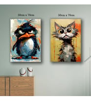 penguen ve kedi tablo resim kanvas 2 adet 50x70