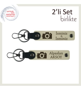 Fotoğraf Makinesi Desenli, Kişisel 2’li Anahtarlık, Fotoğrafçılara Uygun Hediye, Sütlü Kahve-S Kahve