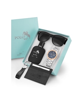Polo Air Erkek Kol Saati Parfüm Gözlük Kartlık Anahtarlık Hediyelik Kutusunda Lacivert Bakır Renk PL-7052E5 (Çok Renkli)