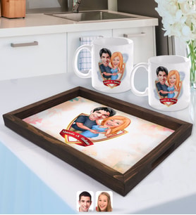 BK Gift Kişiye Özel İsimli Sevgililer Karikatürlü Doğal Ahşap Tepsi ve 2’li Kupa Bardak Seti-14