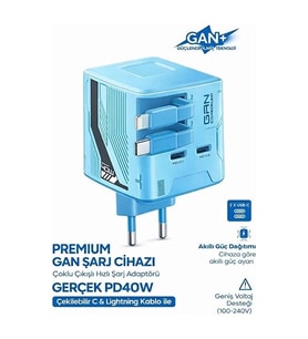 Gan+ Pd 40w Hızlı Şarj Adaptörü Çoklu Çıkış Usb-c Lightning Kablolu Hızlı Şarj Cihazı Ev Ofis Uyumlu Mavi
