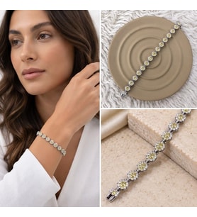 Premium Parlak ve Şık Gümüş Renk Sarı Taşlı Su Yolu 316L Çelik Kadın Bileklik (~20cm)