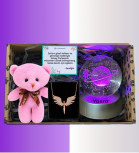 Pembe Ayıcıklı Renk Değiştiren Led Işıklı Cam Satürn Kız Küre Dolunay Lamba Kar Küresi Gold Melek Kolye