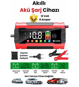 12V 8A Akıllı Akü Şarj 12V 8A Lcd Ekranlı Pulse Repair Otomatik Akü Şarj & Desülfatör