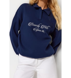 Oversize Gömlek Yaka Düşük Kol Uzun Gömlek Yaka Nakışlı Fit Kalın İçi Polarlı Örme Sweatshirt