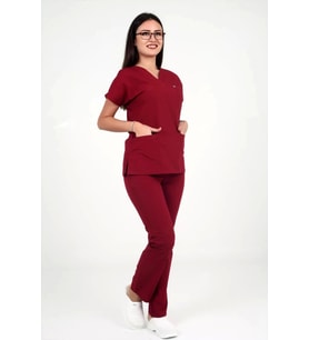 Kadın Terycotton Yarasakol Bordo Renk Scrubs Takım