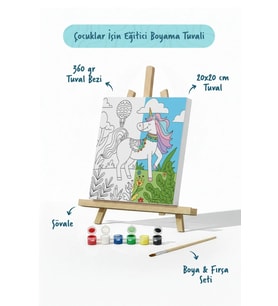 Unicorn & Doğa Temalı Çocuk Boyama Tuvali – Şövaleli Boya Seti 20x20
