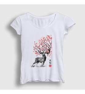 Presmono Kadın Beyaz Sakura Deer Geyik T-Shirt 372713tt
