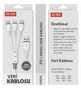 3’ü 1 Arada Hızlı Şarj Kablosu – Data Kablosu Type-C, Lightning & Micro USB 2 A