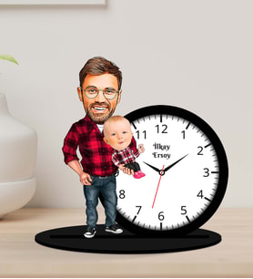Kişiye Özel Karikatürlü Baba-Oğul Ahşap Biblo Masa Saati