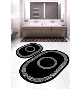 Dijital Baskılı Kaymaz Taban Yıkanabilir Oval 2'li Klozet Takımı Banyo Paspası NOKZ-SD-529 (Siyah)