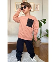 Erkek Çocuk Kapak Cepli Bisiklet Yaka Sweatshirt Somon Eşofman Takım