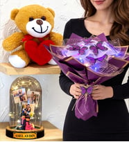Kişiye Özel Premium Set Renkli Led Işıklı Kelebek Buketi Peluş Ayıcık ve Led Işıklı Fanus (Model 8)