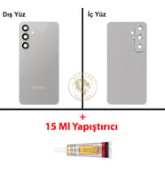 Samsung Galaxy S24 FE Gri Renk Lensli Arka Kapak + B7000 Yapıştırıcı Arka Cam Batarya Kapağı Pil Kapağı Lazer Kesim Back Cover Galaxy S24 FE Uyumlu