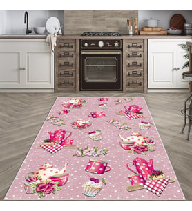 Pembe Çaydanlık ve Çay Bardağı Yıkanabilir Kaymaz Taban Leke Tutmaz Modern Salon Halısı ve Yolluk (Koyu Pembe)