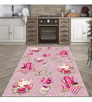 Pembe Çaydanlık ve Çay Bardağı Yıkanabilir Kaymaz Taban Leke Tutmaz Modern Salon Halısı ve Yolluk (Koyu Pembe)