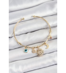 Tegan Pirinç Zirkon Taşlı Güneş Ay Nazar Model Gold Renk Charm Bileklik TG27BB7354 (Çok Renkli)