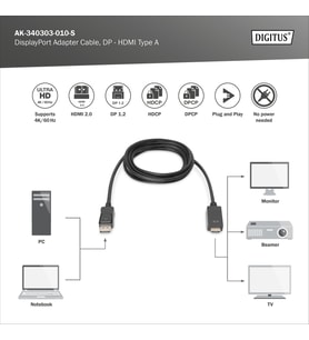 DIGITUS DP-HDMI Görüntü Kablosu 1m (AK.340303.010.S)