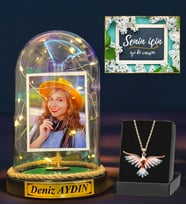 Size Özel Led Işıklı Fanus ve Gerçek Ametist Taşlı Renkli Anka Kuşu Kolye Hediye Seti DN1