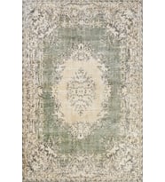 Yeşil Halı Eskitme Klasik Stil Madalyon Desenli Salon Halısı Pamuk-Polyester Dijital Baskı