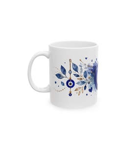 Nazar Boncuğu Temalı A Sınıf Porselen Kupa Mavi Nazar Desenli Dekoratif 330 ml KF27072617