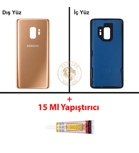 Samsung Galaxy S9 Gold Renk Arka Kapak + B7000 Yapıştırıcı Arka Cam Batarya Kapağı Pil Kapağı Lazer Kesim Back Cover Galaxy S9 Uyumlu