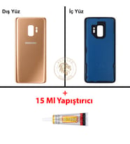 Samsung Galaxy S9 Gold Renk Arka Kapak + B7000 Yapıştırıcı Arka Cam Batarya Kapağı Pil Kapağı Lazer Kesim Back Cover Galaxy S9 Uyumlu
