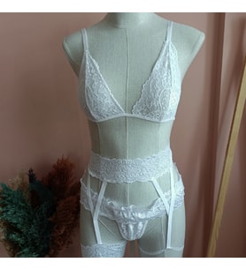 Elisa Dantelli Bralet Tanga ve Çeyizlik Gelinlik Kadın Jartiyer Set-BEYAZ