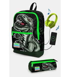 Coral High Koyu Yeşil Siyah Dinazor Desenli USB'li 2'li Okul Çanta Seti - Erkek Çocuk