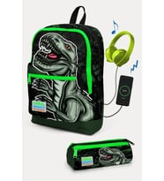 Coral High Koyu Yeşil Siyah Dinazor Desenli USB'li 2'li Okul Çanta Seti - Erkek Çocuk