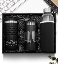 Kişiye Özel Siyah 300 ML Kristal Termos & French Press & Cam Suluk Hediye Seti