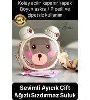 Sevimli Ayıcıklı Çocuk Suluğu Çift Kapaklı Pipetli Boyun Askılı Su Matarası Şişesi Beyaz Sticker