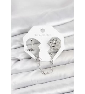 Pirinç Gümüş Renk Sarmal Model Zincir Bağlantılı Ear Cuff Küpe Seti - TJ-BKP11537