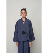 Kadın Gül Detaylı Yandan Bağlamalı Düz Renk Kimono-Ceket (İndigo)