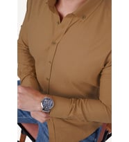 Taba Yaka Düğmeli Keten Slimfit Hediye Kutulu Erkek Gömlek (Taba)