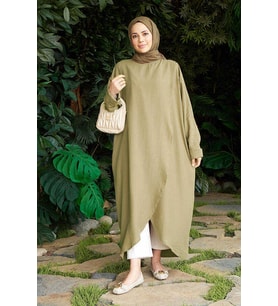 6394-Denim Parça Boya Standart  Tunik Haki