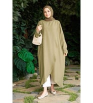 6394-Denim Parça Boya Standart  Tunik Haki